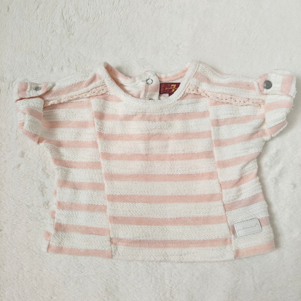 7 For All Mankind Baby Girl Pink White Top Striped Lace Trim Short‎ Sleeve 0-3M